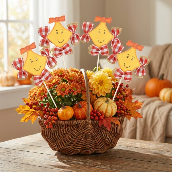Herbstliches Blumengesteck im Weidenkorb mit Chrysanthemen, Zierkürbissen, Hagebutten und dekorativen gelben Steckern mit Schleifen.