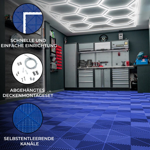 Belüftete Garagenbodenfliesen und sechseckige LED-Leuchten x 120 mit Kanten – Blau