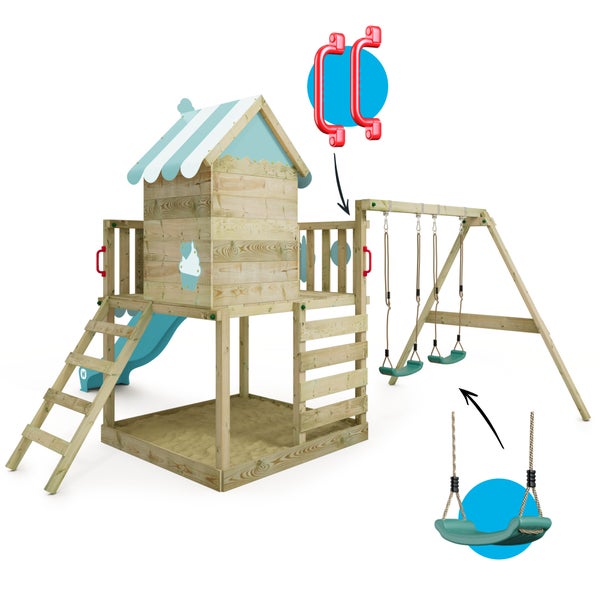 WICKEY Spielturm Klettergerüst Smart Candy mit Schaukel und Rutsche, Baumhaus mit Sandkasten, Kletterleiter und Spiel-Zubehör – pastellblau