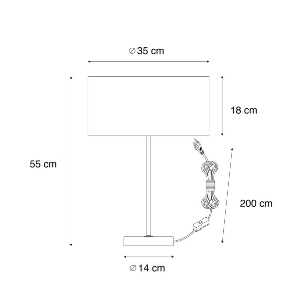 Skizze einer Tischlampe mit den Maßen Höhe 55 cm, Lampenschirmdurchmesser 35 cm, Lampenschirmhöhe 18 cm, Fußdurchmesser 14 cm und Kabellänge 200 cm.
