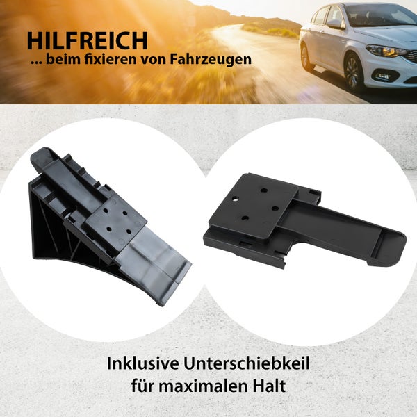 Unterlegkeil aus schwarzem Kunststoff inklusive Halterung zum Sichern von Fahrzeugen.