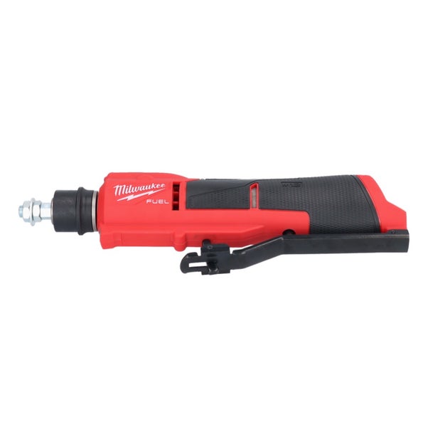 Milwaukee Akku-Geradschleifer M12 FUEL in Rot und Schwarz mit gummiertem Griff und Sicherheitsschalter.