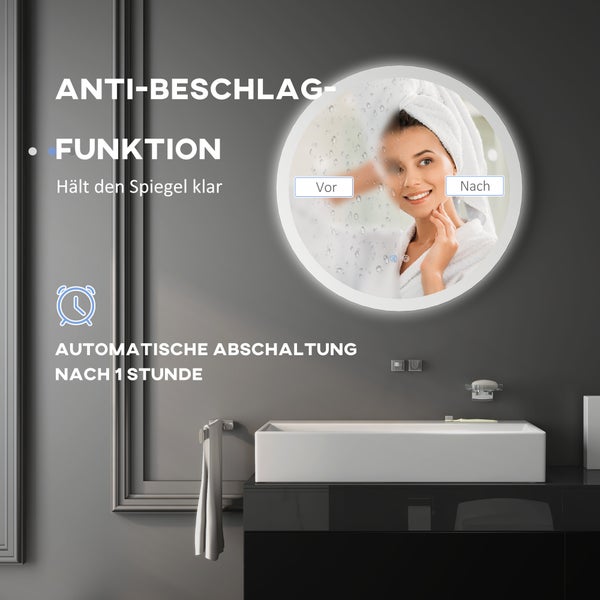 kleankin Badspiegel mit Beleuchtung, Ø70 cm Wandspiegel mit 3 Lichtfarben, IP44 Lichtspiegel mit Touch-Schalter, Memory-Funktion, Badezimmerspiegel mit Anti-Beschlag