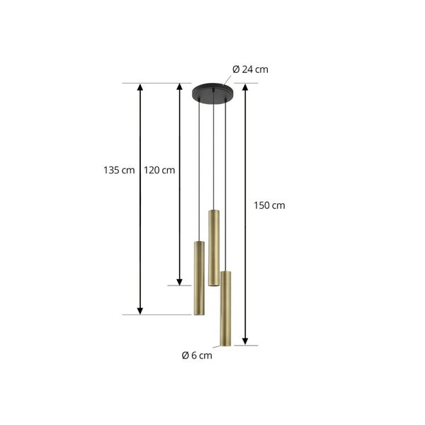 Technische Zeichnung einer Pendelleuchte mit drei Leuchten und Maßangaben