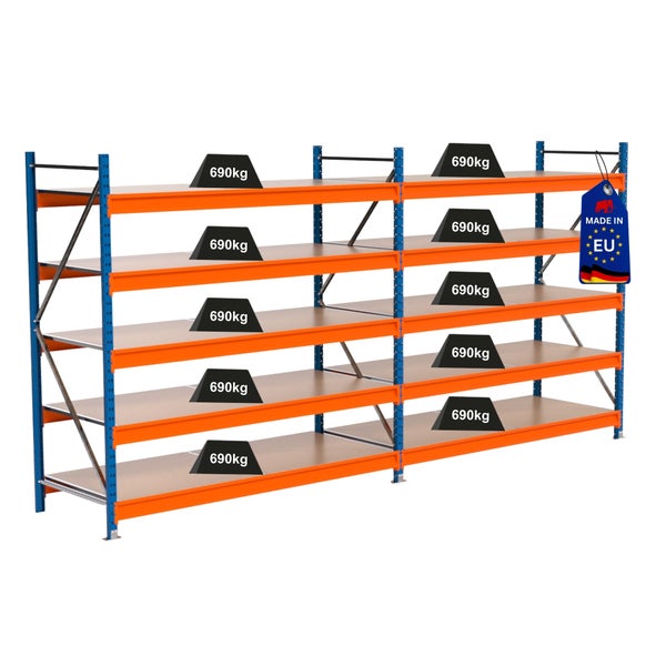 Schwerlastregal mit mehreren Regalböden und einer Traglast von 690 kg pro Boden
