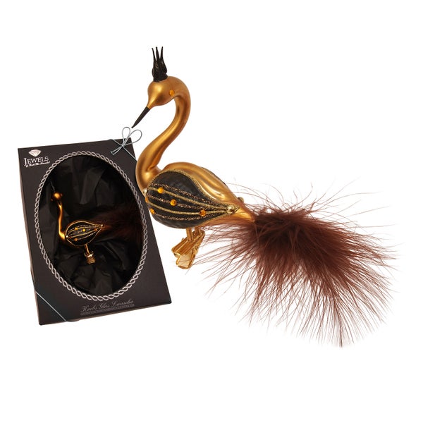 Dekorative Glasfigur eines Vogels mit Federn und Verpackung