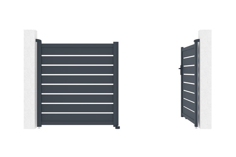 Zweiflügeliges Gartentor aus horizontalen Aluminiumlamellen in Anthrazit, montiert an zwei Pfosten.