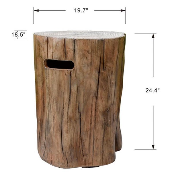 Baumstamm-Hocker mit Griffmulde und Maßangaben 19.7 Zoll Breite sowie 24.4 Zoll Höhe.