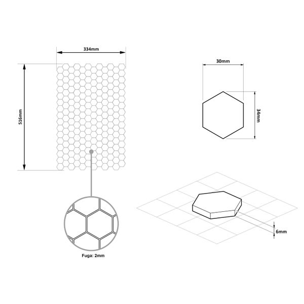Technische Zeichnung einer Mosaikfliese in Sechseckform mit den Maßen 516 mm x 334 mm