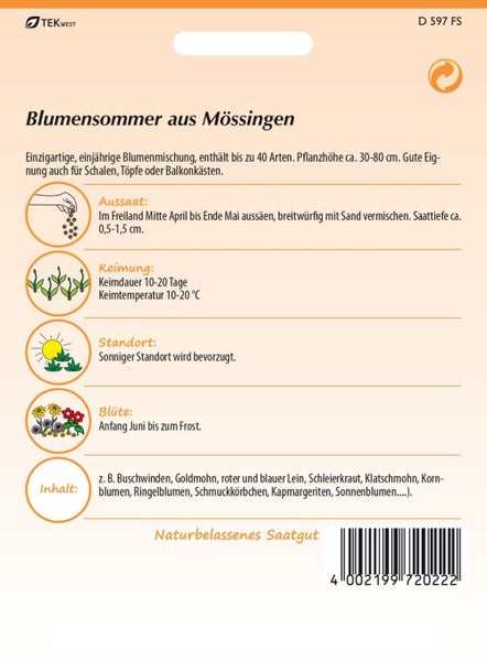 Blumensamenpackung mit Informationen zu Aussaat, Keimung, Standort und Blütezeit