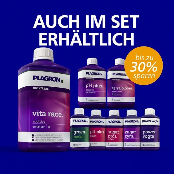 Plagron Düngemittel Set mit Düngerflaschen und Hinweis auf bis zu 30 Prozent Ersparnis