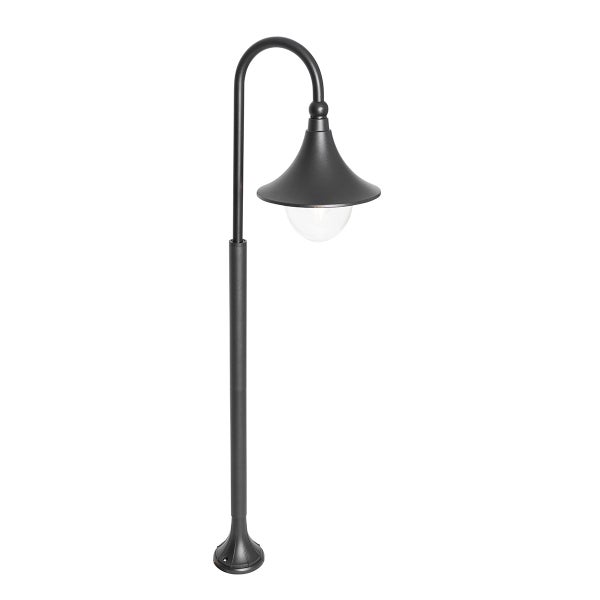 Schwarze Außenleuchte aus Metall mit gebogenem Arm und glockenförmigem Schirm.