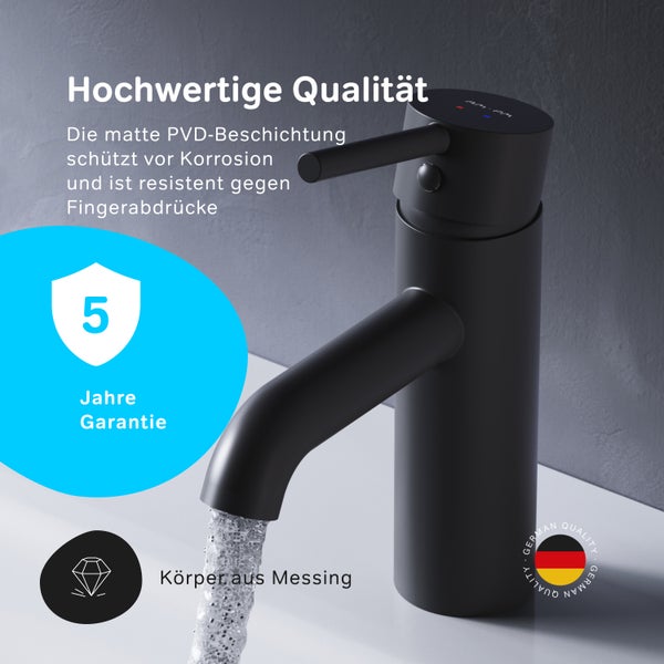 Moderne Waschbeckenarmatur aus Messing mit matter PVD Beschichtung und 5 Jahren Garantie.