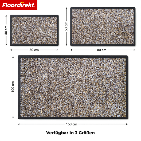 Floordirekt Logo. Drei Fußmatten in den Größen 40 mal 60 Zentimeter, 50 mal 80 Zentimeter und 100 mal 150 Zentimeter.