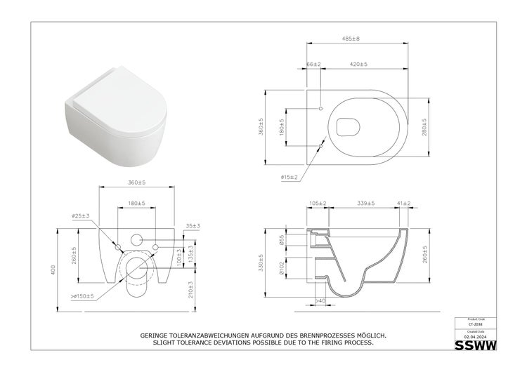 SSWW Design Hänge-WC Alpha CT-2038 – Spülrandlos – Softclose-Sitz – Nanobeschichtung
