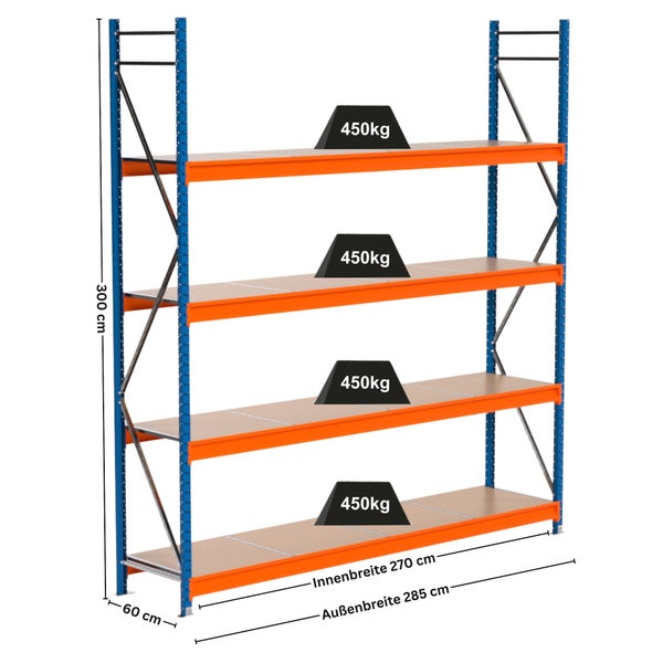 Schwerlastregal mit vier Ebenen, Abmessungen 300 cm Höhe, 285 cm Außenbreite und 60 cm Tiefe. Jede Ebene trägt bis zu 450 Kilogramm.