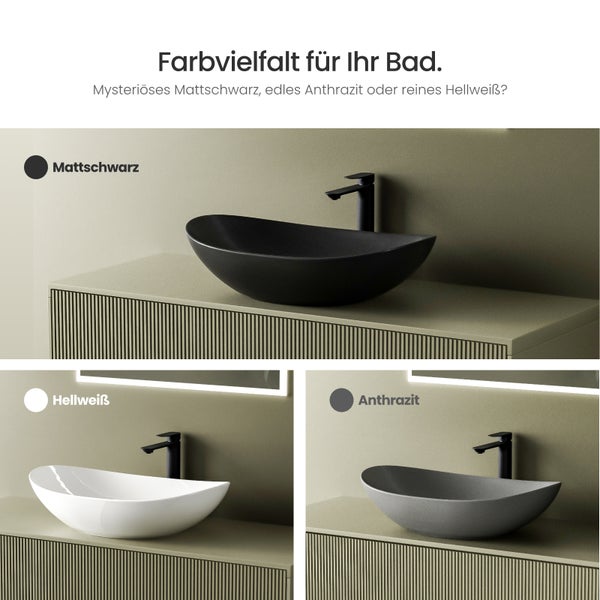 EMKE Aufsatzwaschbecken 615 × 360 mm, Oval, Keramik Waschbecken ohne Hahnloch, für hohe Armaturen, für Badezimmer, Matt Schwarz, Höhe: 155 mm, Modernes Design, Kratzfest, Fleckenresistent, Pflegeleicht