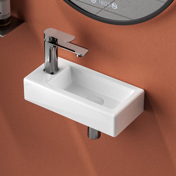 EMKE Waschbecken Keramik 370 × 178 mm, Rechteck, glänzend Weiß, Höhe 95 mm, mit Bohrung links für Wasserhahn, Wandmontage, für Badezimmer und Gäste-WC, Handwaschbecken, Wandwaschbecken
