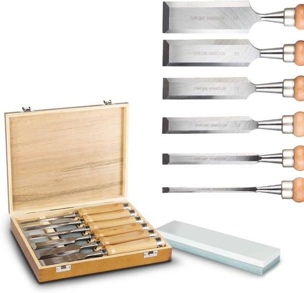 Stechbeitel-Set aus Chrom-Vanadium-Stahl mit sechs verschiedenen Klingenbreiten, Holzgriffen, Schleifstein und Aufbewahrungsbox aus Holz.