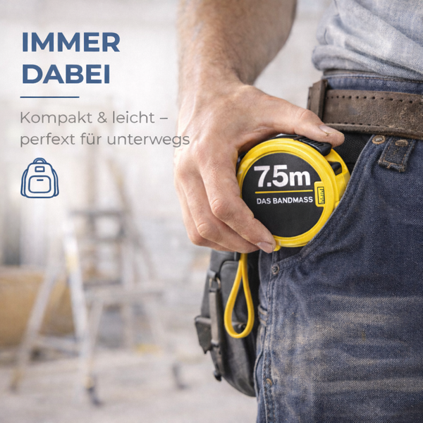 Handliches Rollbandmaß mit 7,5 Meter Länge wird in eine Hosentasche gesteckt.