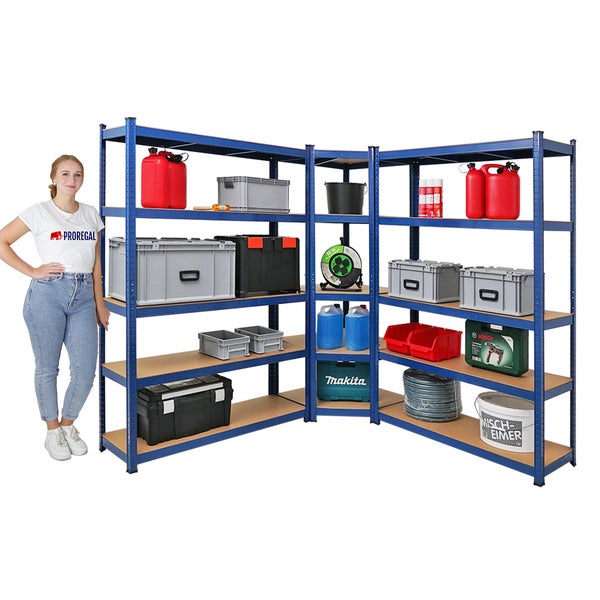 PROREGAL Mega Deal 1 x Eckregal & 2x Schwerlastregal Ragnar HxBxT 180 x 190 x 40 cm Fachlast 175 kg Blau Kellerregal Steckregal Garagenregal
