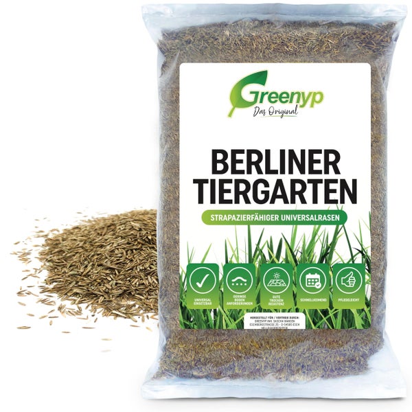 Greenyp Berliner Tiergarten I robuster & schnellkeimender Universalrasen I 2,5kg für 100m² I Zierrasen Grassamen Rasensamen Rasensaat Gras Nachsaat