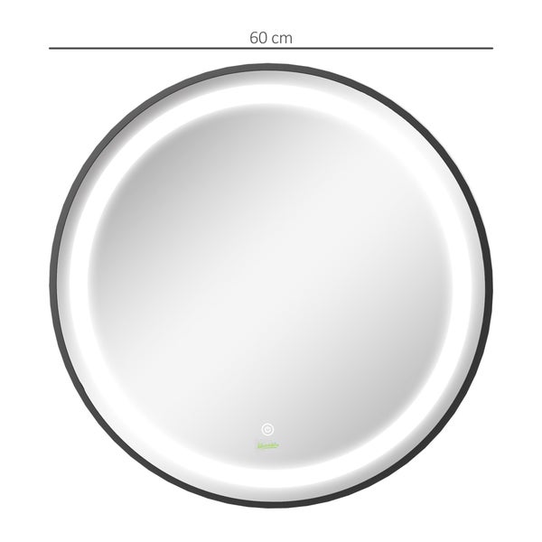 kleankin Badezimmerspiegel, Ø60cm LED Badspiegel mit 3 Lichtfarben, Wandspiegel mit Touch-Funktion, Memory-Funktion, IP44, Schwarz