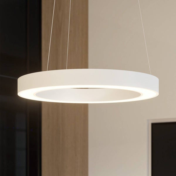 Moderne ringförmige LED-Pendelleuchte in Weiß, hängend an dünnen Seilen, kreisförmige Beleuchtung in einem hellen Raum.