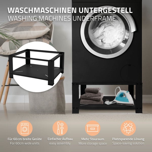 ML-Design Waschmaschinen Untergestell mit Ablage 63x54 cm Stahl Schwarz bis 150kg, Waschmaschinen-Unterschrank, Stabiler Waschmaschinensockel, 32cm hohes Podest Erhöhung Unterbau Trockner/Kühlschrank