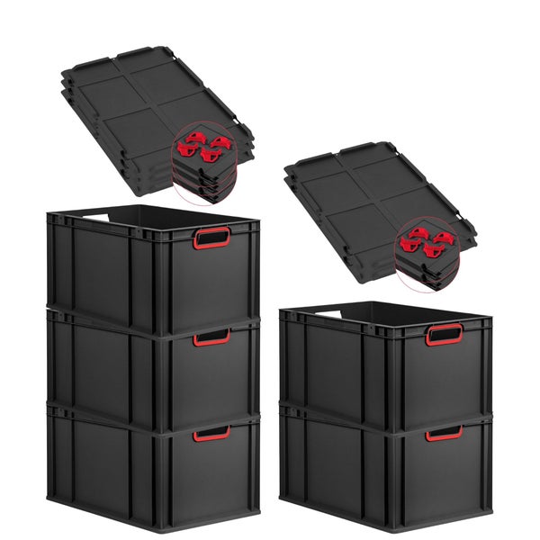 PROREGAL SparSet 5x Eurobox NextGen Color mit Auflagedeckel und Schiebeschnappverschlüsse, HxBxT 32x40x60cm, 65 Liter, Schwarz, Griffe rot offen, Verstärkter Boden, Eurobehälter, Transportbox, Transportbehälter, Stapelbehälter