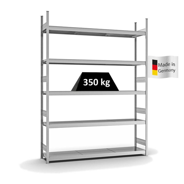 PROREGAL Weitspannregal Stecksystem T-Profil Grundregal HxBxT 300x225x40 cm 5 Ebenen Stahlplatten Fachboden Fachlast 350 kg Verzinkt