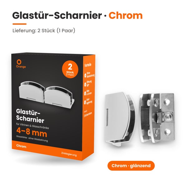 Zinklegierung Glastürscharnier für Vitrinen und Glasschränke 4 bis 8 Millimeter Glasstärke ohne Bohrung, 2 Stück