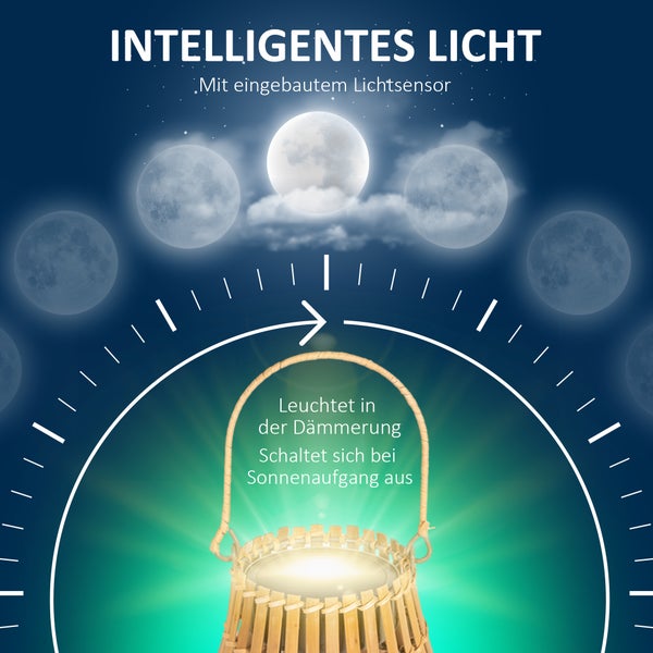 Outsunny Solar-Gartenlampe, USB-aufladbar Wegleuchte, Gartenleuchte mit 3 Lichtfarben, Griff, Solarleuchte mit Bambusschirm, für Garten, Balkon, Natur, IP44