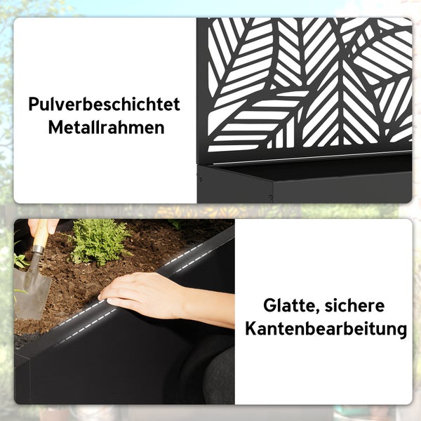 Hochbeet mit pulverbeschichtetem Metallrahmen, dekorativem Rankgitter mit Blattmuster und glatten, sicheren Kanten.