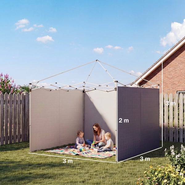 Faltpavillon im Garten mit Seitenwänden und Maßen von 3 mal 3 Meter und einer Höhe von 3 Meter. Eine Frau und zwei Kinder spielen darunter.