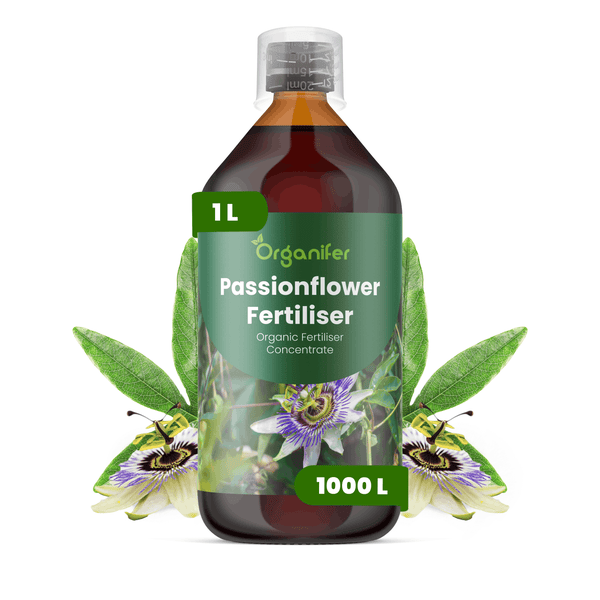 Flasche Organifer Passionsblumen-Dünger mit Messbecher, organisches Düngerkonzentrat, 1 Liter.
