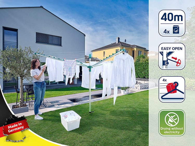 Leifheit Wäschespinne Linomatic V400 mit Leinenautomatik für saubere Leinen, 40m Leinenlänge für 4 Waschmaschinenladungen, mit Easy-Lift-System für leichtes Öffnen, inkl. Bodenhülse und Wäscheklammern