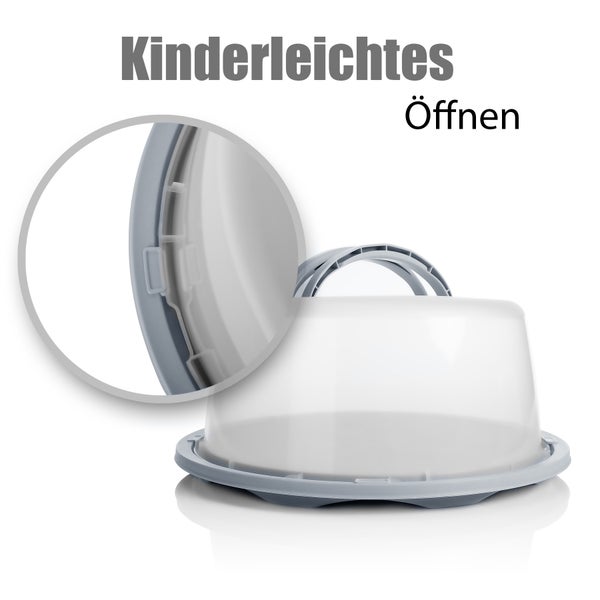 Tortenbehälter mit Verschlussmechanismus für einfaches Öffnen.