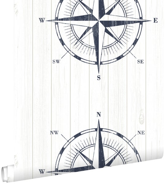 ESTAhome Tapete Kompassrose auf Altholz Dunkelblau und Weiß - 53 cm x 10.05 m - 138975