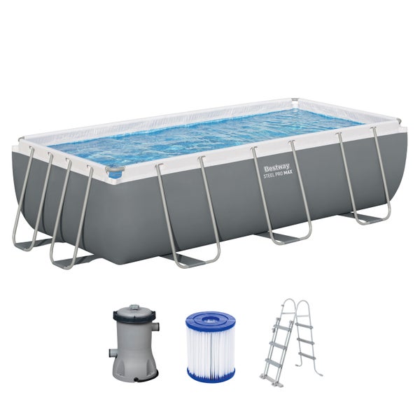Bestway Steel Pro Max Rechteckpool-Set mit Filterpumpe, Filterkartusche und Sicherheitsleiter.