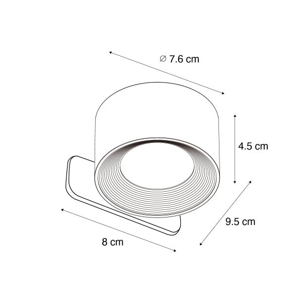 Technische Zeichnung einer Einbauleuchte mit den Maßen 7,6 cm Durchmesser, 4,5 cm Höhe, 9,5 cm Tiefe und 8 cm Breite.