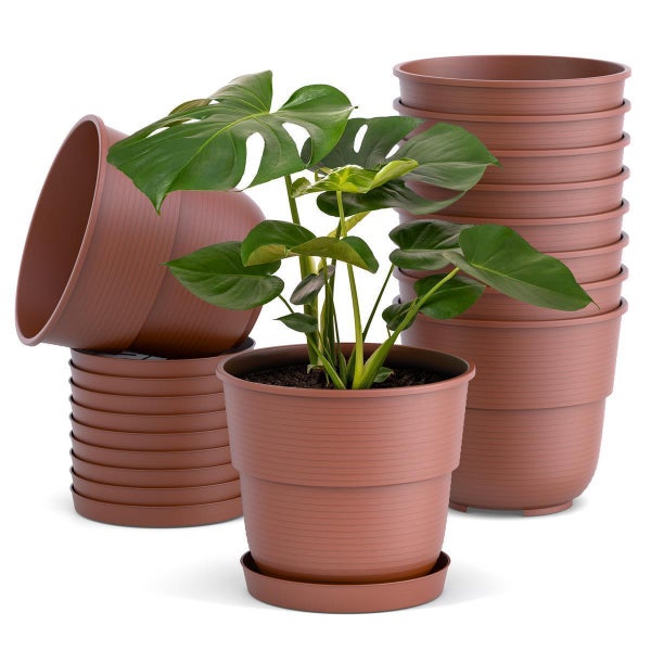 Braune Kunststoff-Blumentöpfe in Stapeln, ein Topf mit Untersetzer und einer Monstera-Pflanze.