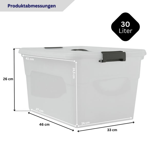 Transparente Aufbewahrungsbox aus Kunststoff mit Deckel und schwarzen Clips, 30 Liter Fassungsvermögen, Maße 46 mal 33 mal 26 Zentimeter.
