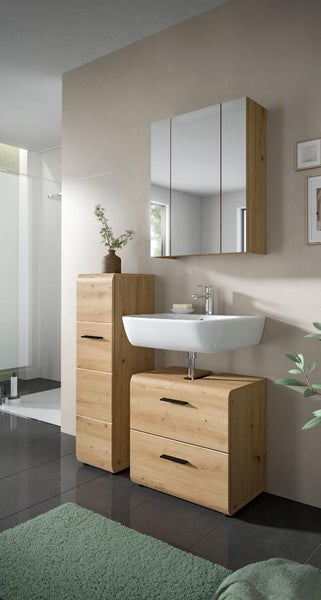 Modernes Badezimmer-Set in Eichenoptik mit weißem Aufsatzwaschbecken, Unterschrank, Hochschrank und dreitürigem Spiegelschrank.