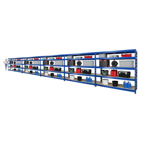 PROREGAL Mega Deal 5x Profi Schwerlastregal Rhino HxBxT 180 x 200 x 60 cm 5 Spanplatten-Ebenen 8mm Fachlast 500 kg Blau