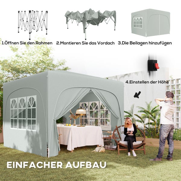 Outsunny Pavillon 3x3m, wasserabweisend Stabil Winterfest Pop-up Faltpavillon, UV Schutz 50+, Faltbar Partyzelt Gartenzelt mit 4 Seitenteilen Tasche Gartenpavillon für Camping Garten, Hellgrau