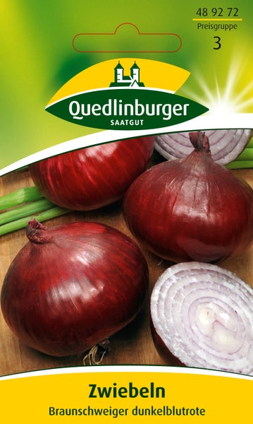 Samenpackung für Zwiebeln Braunschweiger dunkelblutrote mit dem Quedlinburger Logo. Gezeigt werden ganze und halbierte Zwiebeln.