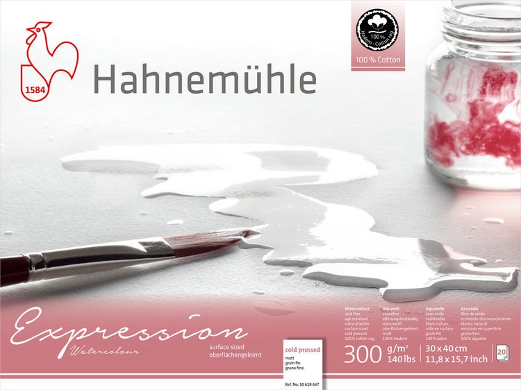 Hahnemühle Expression Aquarellpapier mit Pinsel und Wasserfarbklecks