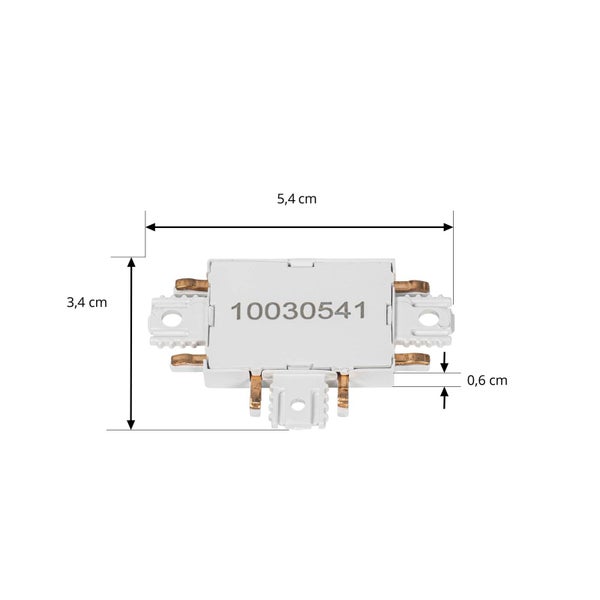 Abmessungen eines elektronischen Bauteils: Breite 5,4 Zentimeter, Höhe 3,4 Zentimeter und Tiefe 0,6 Zentimeter.