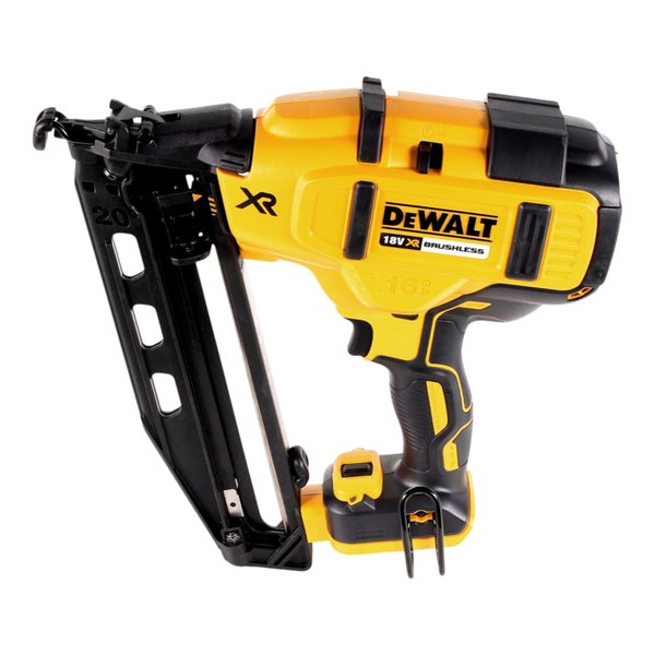 DeWalt Logo. Akku-Nagler 18 Volt XR bürstenlos 16 Gauge mit 20 Grad Magazin.